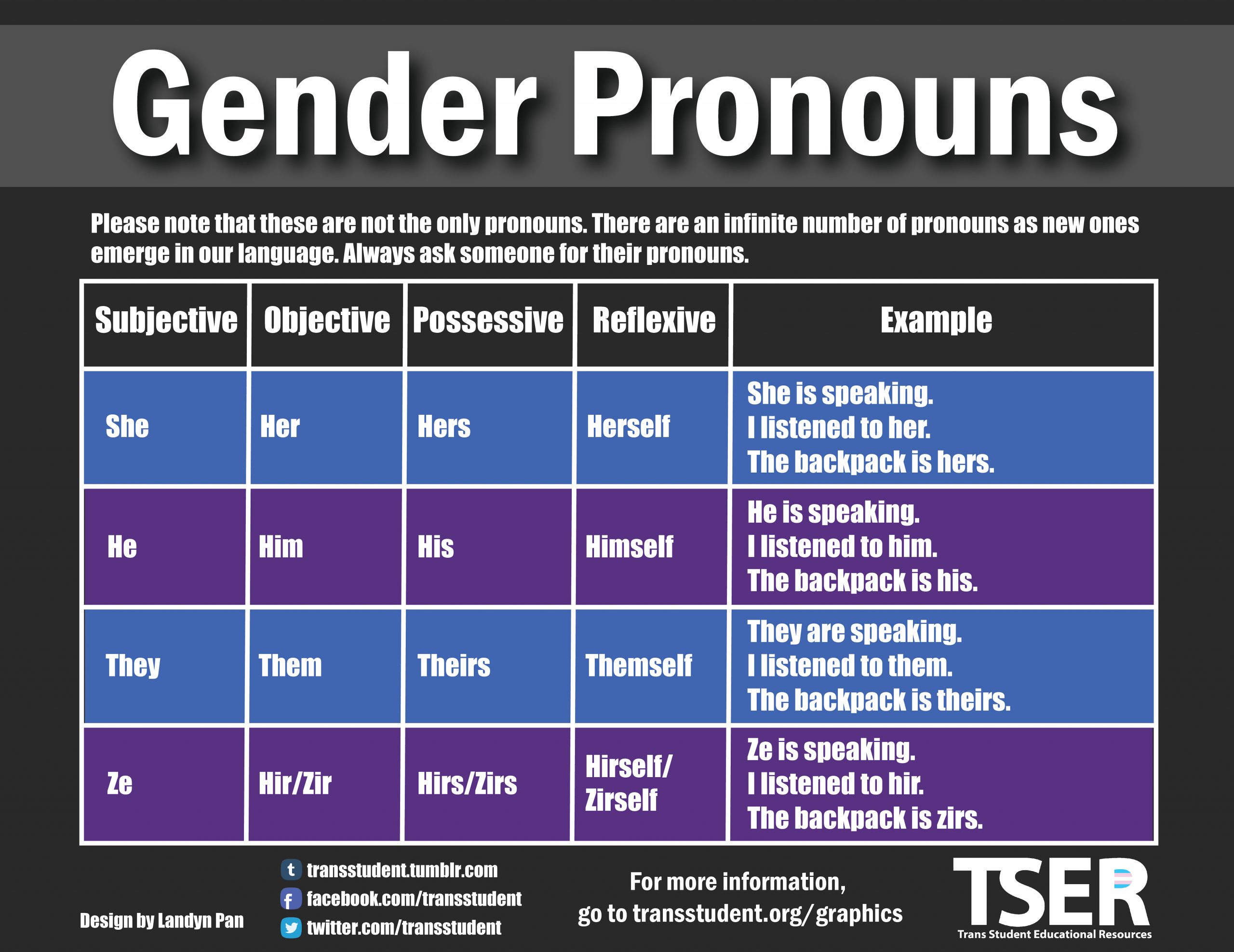 A chart depicting the various pronouns a human being can use. 