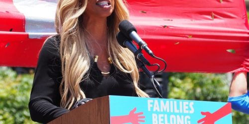 Actress and LGBTQ+ Activist Laverne Cox speaking at a rally.