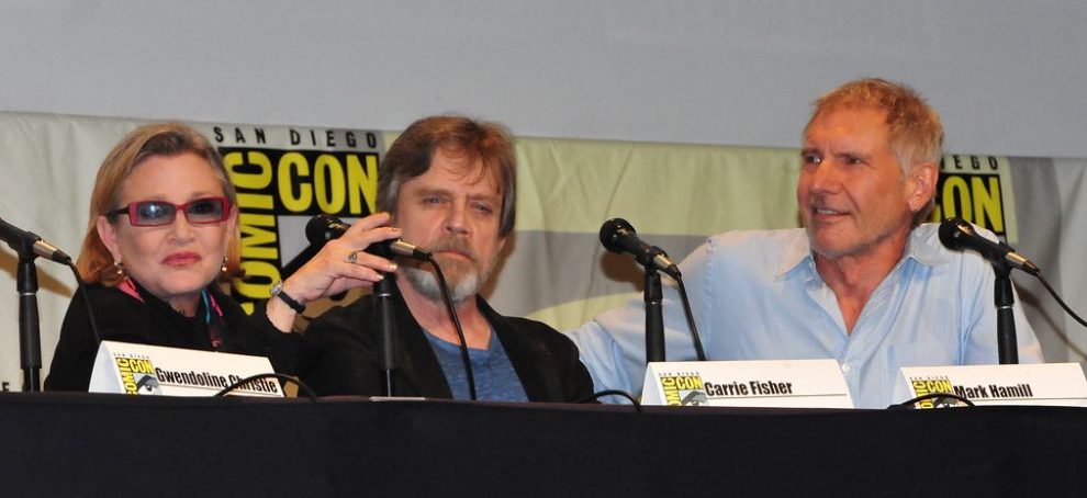 Carrie Fisher, Mark Hamill, and Harrison Ford at a Comic-Con Panel.