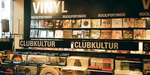 Albums on wall at record store