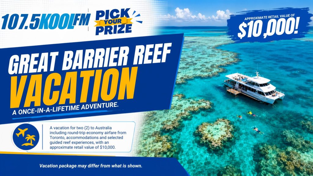 Great Barrier Reef Vacation – A vacation for two (2) to Australia including round-trip economy airfare from Toronto, accommodations and selected guided reef experiences, with an approximate retail value of $10,000.