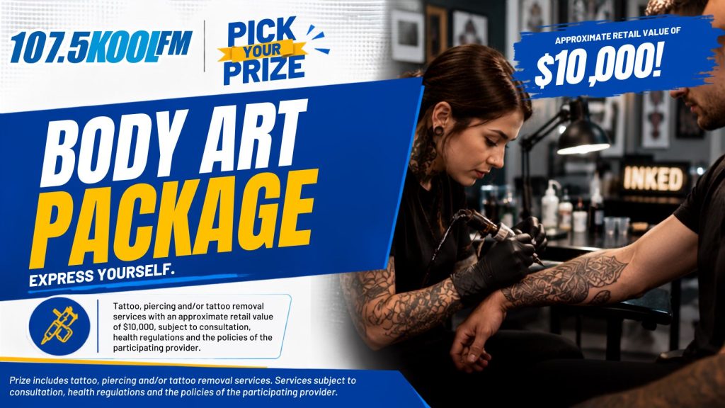 Body Art Package – Tattoo, piercing and/or tattoo removal services with an approximate retail value of $10,000, subject to consultation, health regulations and the policies of the participating provider.
