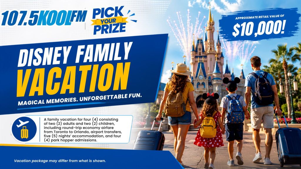 Disney Family Vacation – A family vacation for four (4) consisting of two (2) adults and two (2) children, including round-trip economy airfare from Toronto to Orlando, airport transfers, five (5) nights' accommodation, and four (4) park hopper admissions, with an approximate retail value of $10,000.