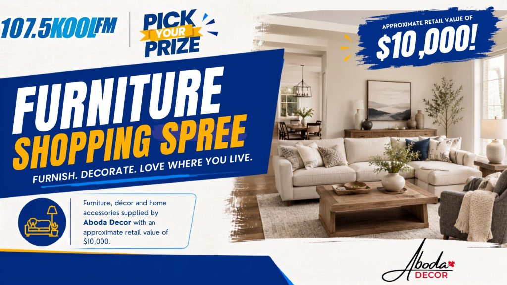 Furniture Shopping Spree – Furniture, décor and home accessories supplied by Aboda Decor with an approximate retail value of $10,000.
