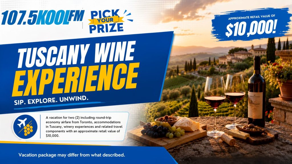 Tuscany Wine Experience – A vacation for two (2) including round-trip economy airfare from Toronto, accommodations in Tuscany, winery experiences and related travel components with an approximate retail value of $10,000.