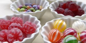 Classic Candy in white bowls on a table
